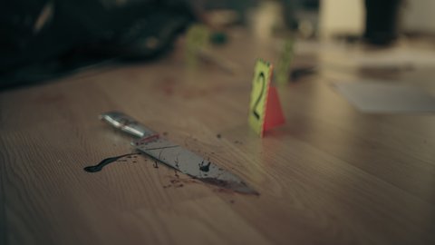 Bloody knife with crime scene marker on the floor, murder weapon, evidence