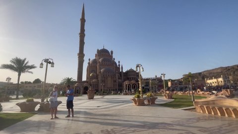 Al Mustafa Mosque at sunset, Sharm El Sheikh, 4k cinematic footage, Egypt, Sinai - 21.04.2022