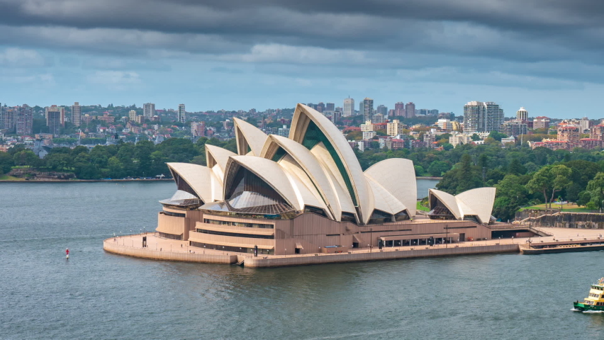 Sydney, Australia - Mar 23, 2022: Aerial hyperlapse video of Sydney Opera House