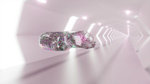 The concept of future technologies. The diamond car flies through a white light tunnel. 3d animation
