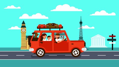 Family car travel around Europe and world . Looped animation flat style.
