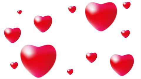Flythrough of animated red hearts moving forward on a white background. 4K animation