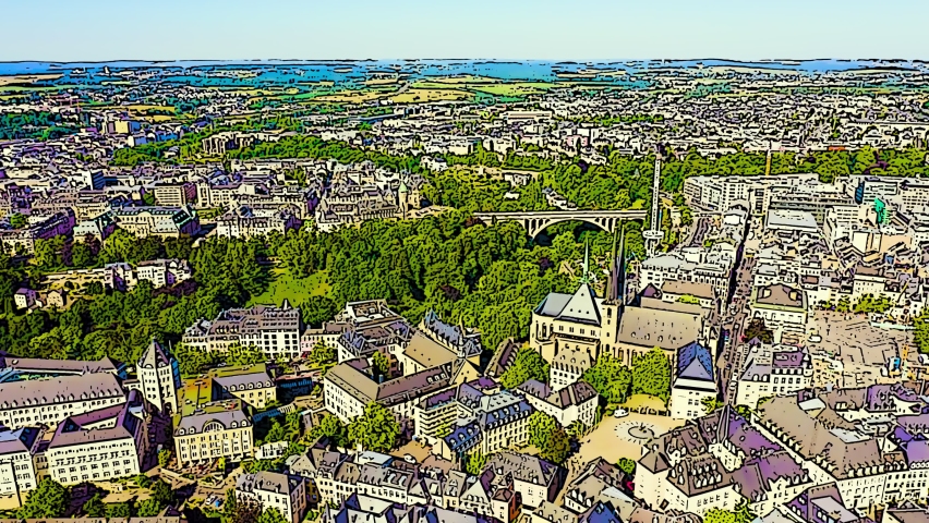 Color sketch in Luxembourg, the historical city center seen from an aerial perspective on a bright summer morning. The scene captures a sweeping panorama of the old town with dense clusters of historic buildings, steep rooftops, and the prominent twin spires of a Gothic cathedral rising above the urban fabric. A large stone arch bridge spans a deep green valley that cuts through the city, connecting the upper and lower districts. Lush parks and tree-lined areas fill the valley floor and surround the built environment, creating a sharp contrast between natural greenery and the pale stone and grey roof tones of the architecture. The stylized cartoon rendering uses bold outlines and flat color fields to give the entire cityscape a graphic, illustrated quality. The camera drifts slowly over the scene, revealing the compact layout of the medieval core, the surrounding modern quarters, and the distant horizon where rolling countryside meets a clear blue sky. The overall atmosphere is serene and picturesque, blending historical heritage with abundant green space in a distinctive European capital setting.