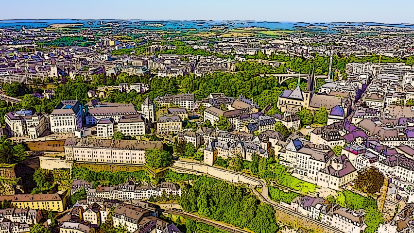 Color sketch in Luxembourg City, the historic Ville Haute and Grund districts viewed from above in a stylized cartoon illustration. The scene captures the layered urban landscape of the UNESCO World Heritage old quarters, with dense clusters of stone and masonry buildings, steep slate rooftops, and the deep green valley cutting through the city center. A prominent arched bridge spans the gorge, connecting the upper and lower town levels that have defined this fortress city for centuries. The illustration uses bold black outlines and flat color blocks to transform the aerial panorama into a graphic poster aesthetic, with bright summer greens dominating the valley and warm neutral tones on the historic architecture. The sweeping camera movement reveals the dramatic topography of the site, where medieval fortifications once stood before their demolition in 1867 under the Treaty of London. The composition emphasizes the unique vertical character of Luxembourg City, with the old town perched on rocky outcrops above the river valley. Daylight conditions with clear skies provide strong contrast and visibility across the entire cityscape.