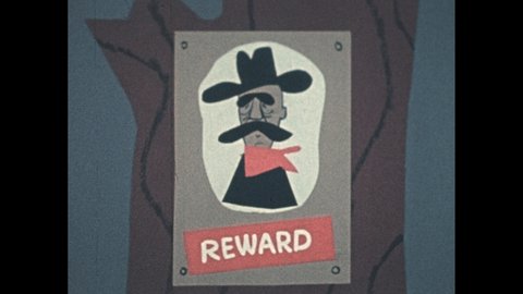 1950s: Wanted poster on tree. Cowboy stands in front of horse, feeds horse, points at horse. Horse smiles, lays down to sleep. Cowboy walks over to campfire.