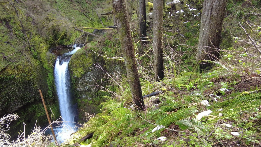 Multnomah Creek in northern Oregon flows over a scenic waterfall. It eventually plunges into the Columbia River Gorge between Oregon and Washington.