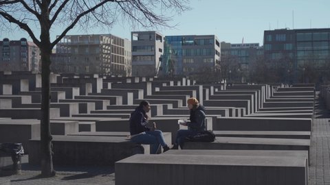 March 10, 2022. Berlin. Germany.Commemorative memorial to commemorate the victims of the Holocaust. Concrete gray blocks on the square in memory of the victims of the Nazi. Monument to Murdered Jews