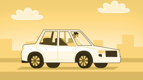 Yellow Style Woman Flat Character Driving White Car. Isolated Loop Animation with Alpha Channel