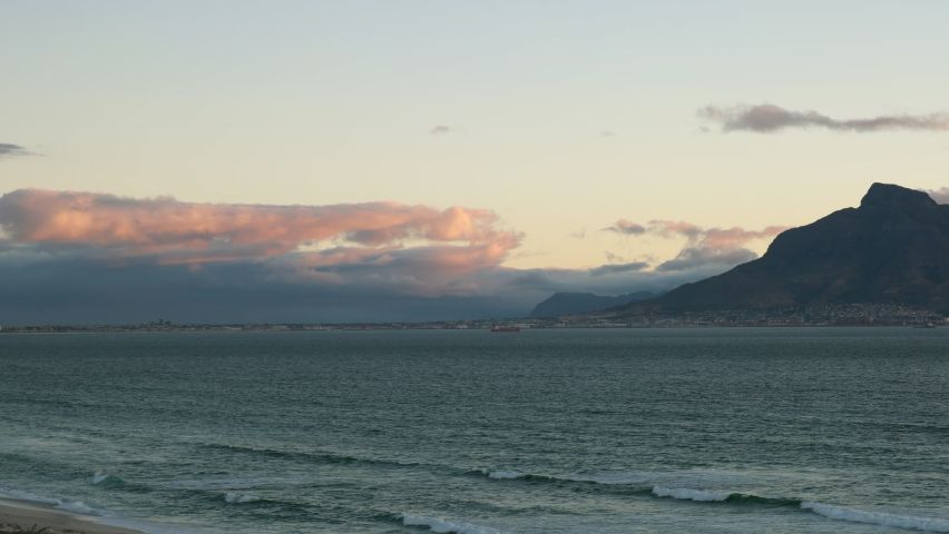 Picturesque View Of Table Mountain During Sunset In Cape Town, South Africa. Aerial Sideways Shot