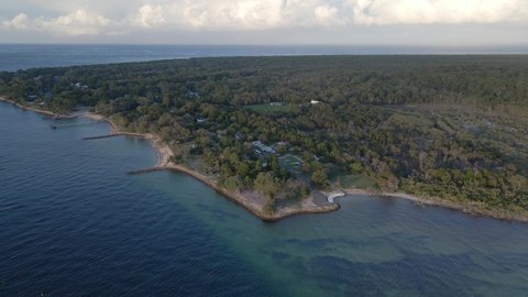 Panoramic Watercourse Of North Stradbroke Island, Meeting The Forest Edge Of Amity Point In Queensland Australia. Aerial