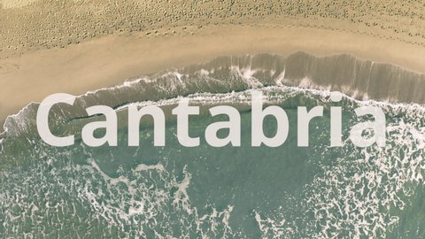 Cantabria text revealed with the shadow of a flying commercial plane on the beach, aerial top-down view
