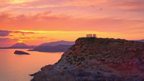 Sounion temple of Poseidon Athens Greece at sunset over Attica sea coast