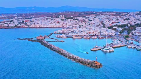 Picturesque aerial view of Paros island in Greece. Sea shore and harbor