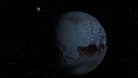 3d rendering animation of Pluto with its moon Charon rotaing on it orbits, planets of the solar system, space, stars.