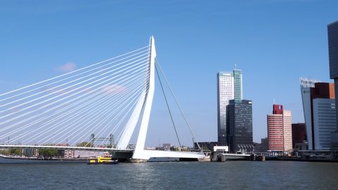 Rotterdam, Netherlands - April 28, 2022: Erasmusbrug - Erasmus Bridge is a combined cable-stayed bridge, constructed in 1996. It crosses the Nieuwe Maas river in the centre of Rotterdam