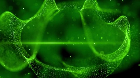 Abstract Motion View Green Shiny Digital Space Blurry Focus Plasma Wave Dotted Lines With Cloudy Hazy Sparkle Dust And Light Flare Background