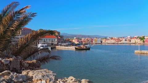 Chania harbor Crete island Greece. Beautiful bay of old city port