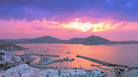 Tranquil sunset scene in Greece. Travel to Paros island for summer vacation