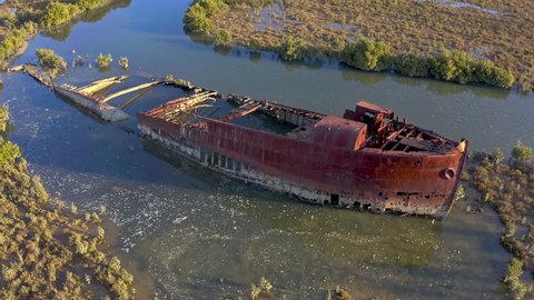Ghost ship abandoned rotting boat in shipwreck graveyard in Adelaide, Australia