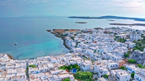 Sea coast of Paros island in Greece aerial landscape panorama. Greece travel