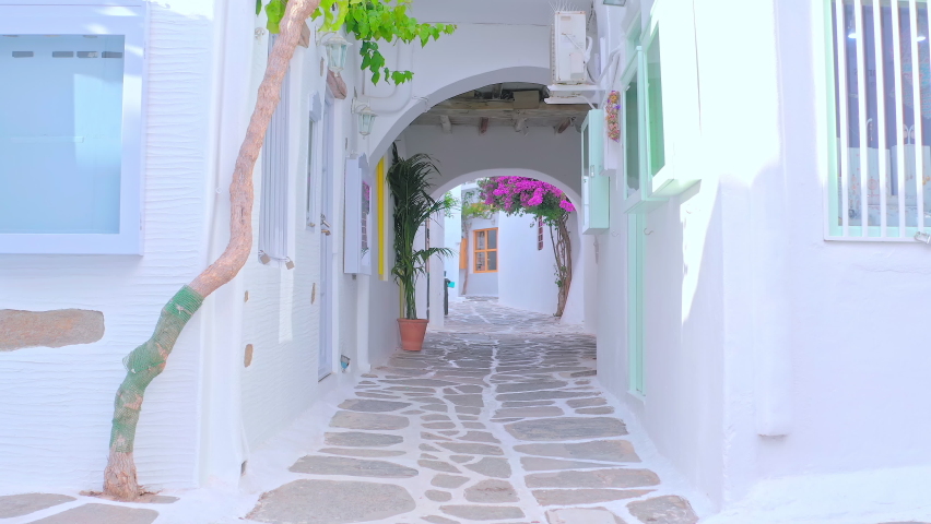 Paros island traditional architecture. White greek houses and cozy street Royalty-Free Stock Footage #1089924107