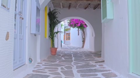 Paros island traditional architecture. White greek houses and cozy street