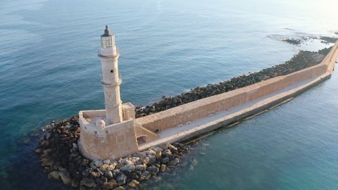 Crete Greece landmark and tourist attraction old Lighthouse in Chania harbor