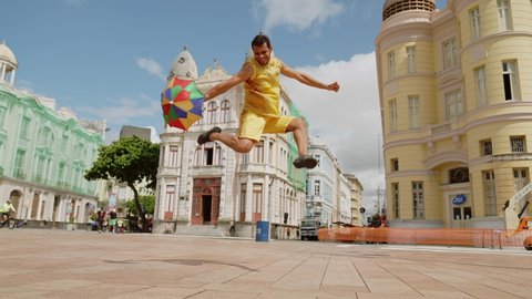 Recife, Pernambuco, Brazil, circa April 2022: Frevo dancer at the street carnival in Recife, Pernambuco, Brazil.