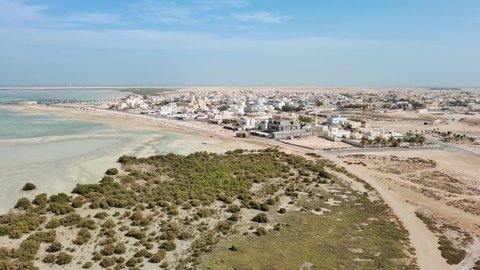 Al Khor, Qatar: Aerial view of coastal resort city Al Khor (Al Khawr) - landscape panorama of Arabian Peninsula from above, West Asia