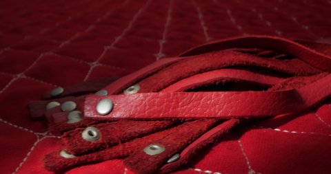 detailed, extreme close-up of a red whip on a red blanket.