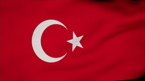 Unfolding Turkish flag animation. Turkish flag waving in the wind. Realistic flag background. Looped animation.  Close-up of the Turkey flag flattering on the wind.