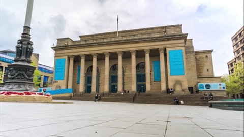 Sheffield, United Kingdom - April 02, 2022: A Time-lapse of the City Hall in Sheffield City Centre, South Yorkshire. 