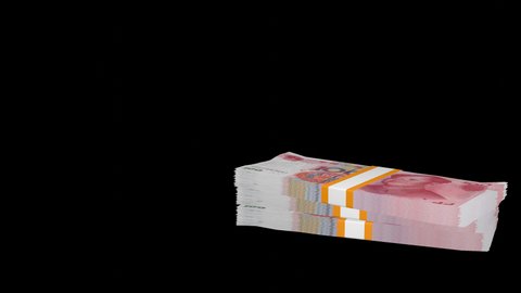 Many wads of money falling transparent background. 100 Chinese Yuan banknotes. Stacks of money. Financial and business concept. Alpha channel.