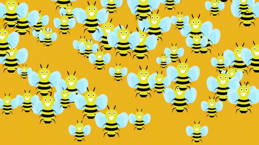 group of smiling bees move from bottom to top on yellow background, transition of bees