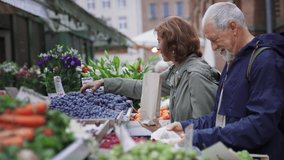 Happy senior couple tourists buying fruit outdoors on market in town. - Powered by Shutterstock - Get 15% off with code: PIKWIZARD15