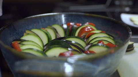 Eggplant, red pepper and onion in a vegetarian dish