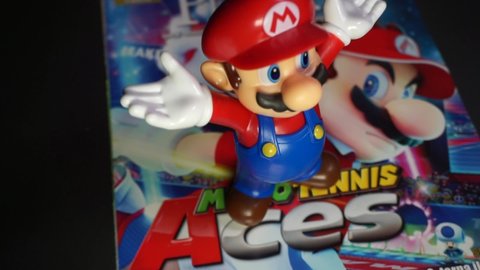 Rome, Italy - May 05, 2022, detail of Mario character, also known as Super Mario, video game saga produced by Nintendo, one of the most popular, enduring and video game series in history.