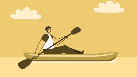 Yellow Style Man Flat Character Swims in Kayak. Isolated Loop Animation with Alpha Channel