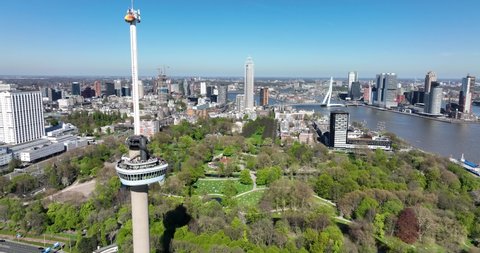Rotterdam, 18th of april 2022, The Netherlands. Euromast high panorama observation tower cityscape and Erasmus brug. tourist attraction overlooking the Maas modern travel attraction. Aerial.