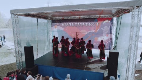 Nizhny Novgorod, Russia, May 1, 2022. Armenian ensemble performs on the city street stage