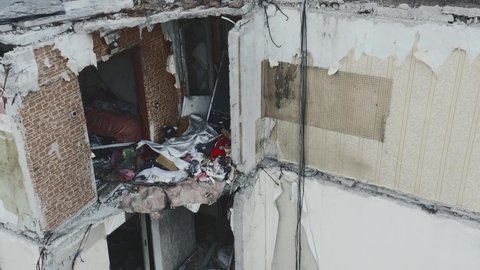 The war in Ukraine, a view from the drone on the destroyed and burnt apartments of the destroyed apartment building, Borodyanka, aerial photography.