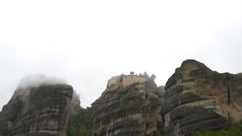 Rainy and Foggy Day in Kalambaka, Meteora Monastery, Greece, Real Time
