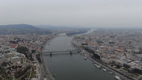 Cinematic 4k aerial video of Budapest with view on the Danube river, parliament building and Sziget island