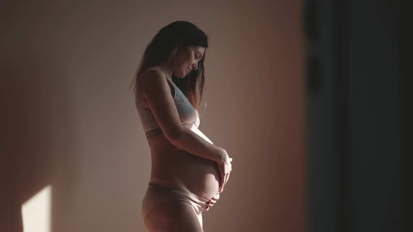 Pregnant woman indoors. health pregnancy motherhood procreation concept. close-up belly of a pregnant woman. woman waiting for a newborn baby. pregnant woman holding her belly sunlight | Shutterstock HD Video #1089943787