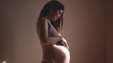 pregnant woman indoors. health pregnancy motherhood procreation concept. close-up belly of a pregnant woman. woman waiting for a newborn baby. pregnant woman holding her belly sunlight Stock-video
