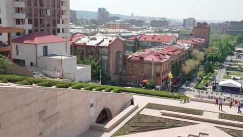 Yerevan, Armenia - April 30, 2022 - Yerevan city aerial view seen from the top of Casecade Complex in Yerevan, Armenia on a bright sunny day