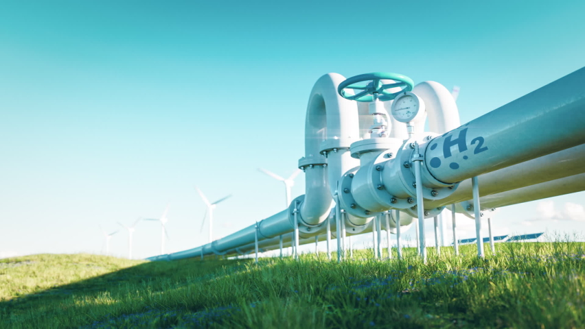 A hydrogen pipeline illustrating the transformation of the energy sector towards to ecology, carbon neutral, secure and independent energy sources to replace natural gas. 3d rendering clip Royalty-Free Stock Footage #1089944853