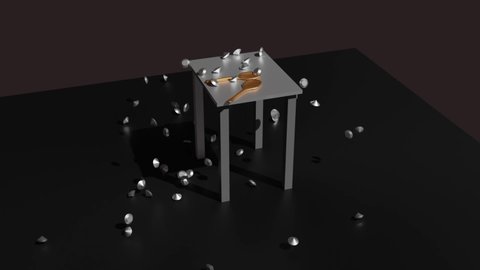 Falling diamonds on the table. Flying 3d objects. Spoons on the table