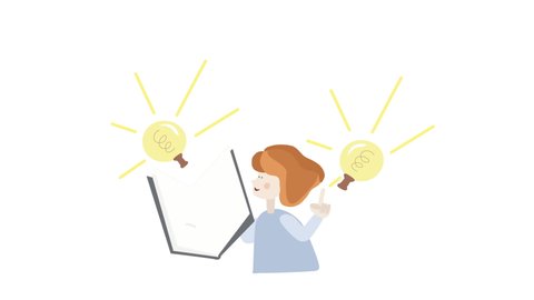 A young person is reading a book. Animated student girl with a book in her hands and a light bulb giving an idea. High quality 4k footage