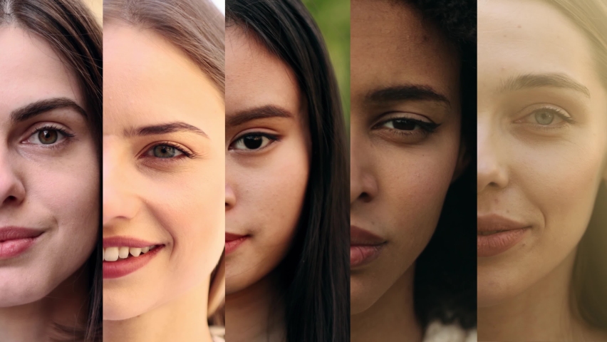 Collage of half face multi-ethnic diverse women looking at the camera. Beautiful women of different age, ethnicity, beauty and hair style smiling together. | Shutterstock HD Video #1089951743